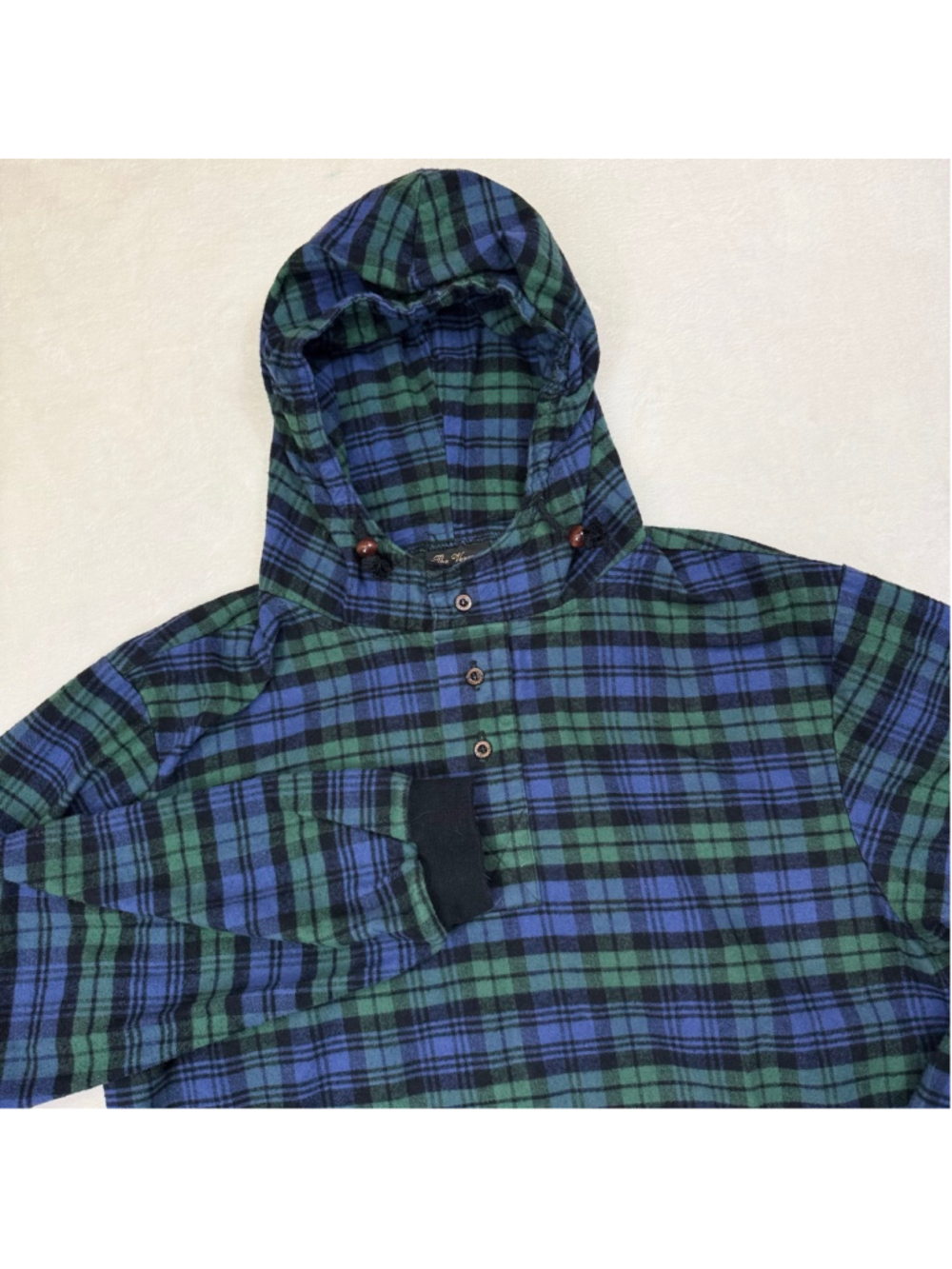 Men's The Vermont Flannel Co. Blue Green Plaid Henley Hoodie Large